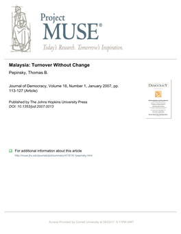 Malaysia: Turnover Without Change Pepinsky, Thomas B