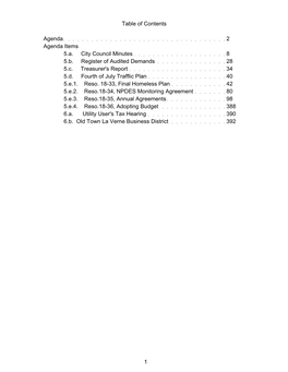 Table of Contents Agenda 2 Agenda Items 5.A. City Council Minutes 8 5.B. Register of Audited Demands 28 5.C. Treasur