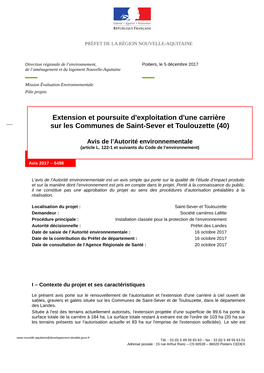 Extension Et Poursuite D'exploitation D'une Carrière Sur Les Communes De Saint-Sever Et Toulouzette (40)