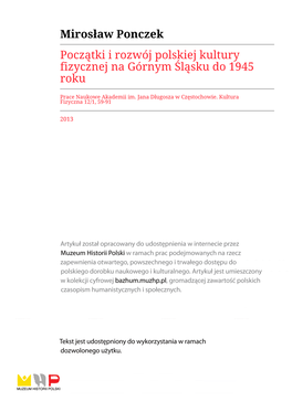 Mirosław Ponczek Początki I Rozwój Polskiej Kultury Fizycznej Na Górnym Śląsku Do 1945 Roku