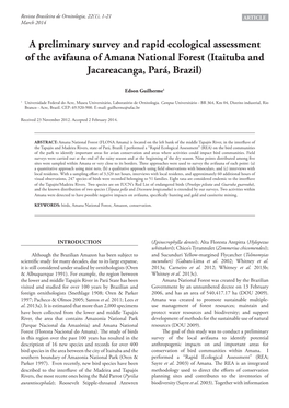 A Preliminary Survey and Rapid Ecological Assessment of the Avifauna of Amana National Forest (Itaituba and Jacareacanga, Pará, Brazil)