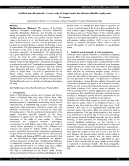 A Case Study of Isapur Water for Diatoms (Bacillariophyceae) PY Anasane Department of Botany, G.S