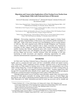 Migrations and Conservation Implications of Post-Nesting Green Turtles from Gielop Island, Ulithi Atoll, Federated States of Micronesia*