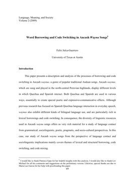 Word Borrowing and Code Switching in Ancash Waynu Songs∗