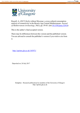 (2017) Sicily Without Mycenae: a Cross-Cultural Consumption Analysis of Connectivity in the Bronze Age Central Mediterranean