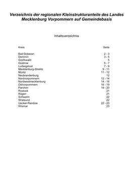 Verzeichnis Der Regionalen Kleinstrukturanteile Des Landes Mecklenburg Vorpommern Auf Gemeindebasis