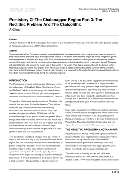 Prehistory of the Chotanagpur Region Part 3: the Neolithic Problem and the Chalcolithic a Ghosh