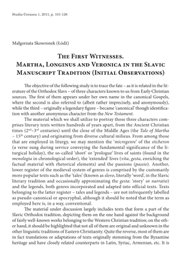 The First Witnesses. Martha, Longinus and Veronica in the Slavic Manuscript Tradition (Initial Observations)