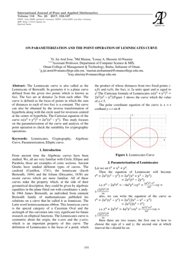 ON PARAMETERIZATION and the POINT OPERATION of LEMNISCATES CURVE 1G. Jai Arul Jose, 2Md Mastan, 3Louay A. Hussein Al-Nuaimy 1,2