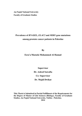 Prevalence of RNASEL, ELAC2 and MSR1 Gene Mutations Among Prostate Cancer Patients in Palestine