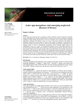 Aedes Spp Mosquitoes and Emerging Neglected Diseases of Kenya