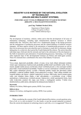 Holon and Multi-Agent Systems ) Industry 4.0 Je Vyvolán P Řirozeným Vývojem Techniky (Holony a Multiagentní Systémy)