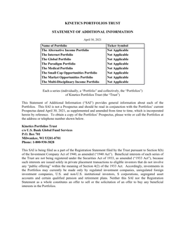 Kinetics Portfolios Trust Statement of Additional Information