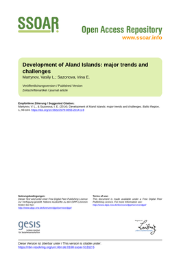 Development of Aland Islands: Major Trends and Challenges Martynov, Vasily L.; Sazonova, Irina E