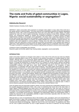 The Roots and Fruits of Gated Communities in Lagos, Nigeria: Social Sustainability Or Segregation?