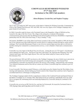 CORNWALLIS REMEMBERED WEEKEND 5Th-7Th July 2019 Invitation to the 1805 Club Members