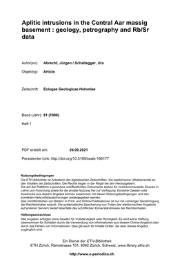 Aplitic Intrusions in the Central Aar Massig Basement : Geology, Petrography and Rb/Sr Data