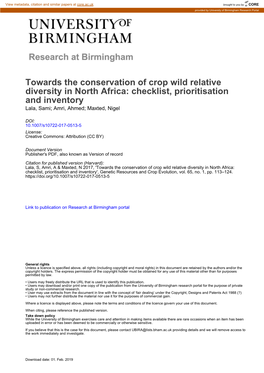 Towards the Conservation of Crop Wild Relative Diversity in North Africa: Checklist, Prioritisation and Inventory Lala, Sami; Amri, Ahmed; Maxted, Nigel