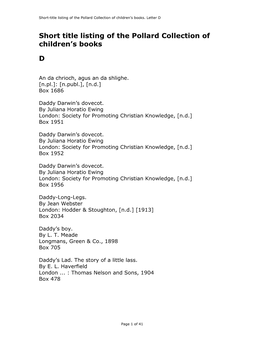 Short Title Listing of the Pollard Collection of Children's Books D