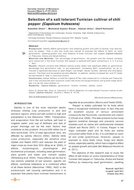 Selection of a Salt Tolerant Tunisian Cultivar of Chili Pepper {Capsicum Frutescens)