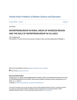 Entrepreneurship in Rural Areas of Khorezm Region and the Role of Entrepreneurship in Villages