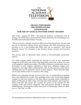 DRAMA PERFORMER PRE-NOMINATIONS ANNOUNCED for the 45Th ANNUAL DAYTIME EMMY® AWARDS