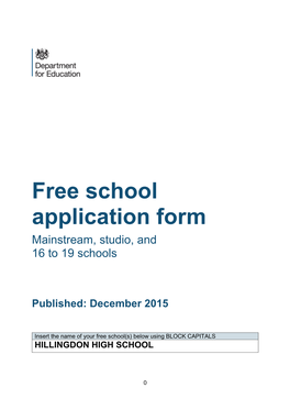 Free School Application Form Mainstream, Studio, and 16 to 19 Schools