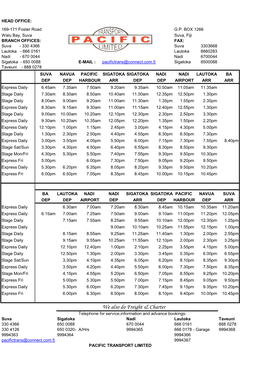 Copy of Pacific Transport Ltd Timetable, Fare Table