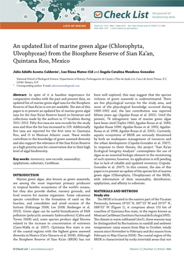 An Updated List of Marine Green Algae (Chlorophyta, Ulvophyceae) from the Biosphere Reserve of Sian Ka’An, Quintana Roo, Mexico