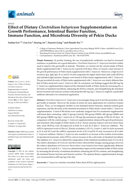 Effect of Dietary Clostridium Butyricum Supplementation on Growth Performance, Intestinal Barrier Function, Immune Function, and Microbiota Diversity of Pekin Ducks