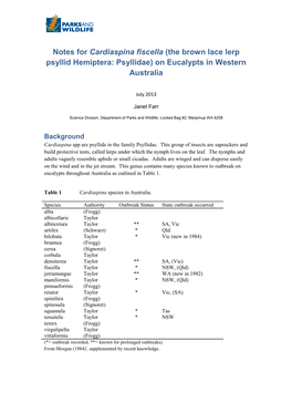 Notes for Cardiaspina Fiscella (The Brown Lace Lerp Psyllid Hemiptera: Psyllidae) on Eucalypts in Western Australia