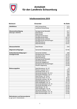Inhaltsverzeichnis Amtsblatt 2016