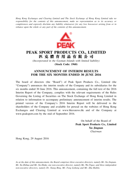 PEAK SPORT PRODUCTS CO., LIMITED 匹 克 體 育 用 品 有 限 公 司 (Incorporated in the Cayman Islands with Limited Liability) (Stock Code: 1968)