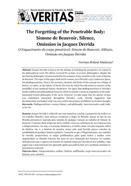 Simone De Beauvoir, Silence, Omission in Jacques Derrida O Esquecimento Do Corpo Penetrável: Simone De Beauvoir, Silêncio, Omissão Em Jacques Derrida