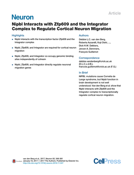 Nipbl Interacts with Zfp609 and the Integrator Complex to Regulate Cortical Neuron Migration