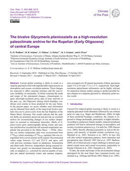 The Bivalve Glycymeris Planicostalis As a High-Resolution Paleoclimate Archive for the Rupelian (Early Oligocene) of Central Europe