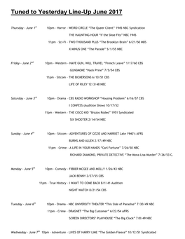 Tuned to Yesterday Line-Up June 2017