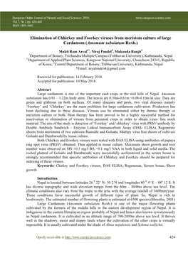 Elimination of Chhirkey and Foorkey Viruses from Meristem Culture of Large Cardamom (Amomum Subulatum Roxb.)