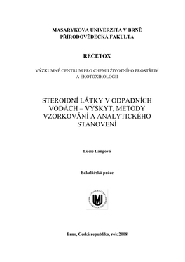 Steroidní Látky V Odpadních Vodách – Výskyt, Metody Vzorkování a Analytického Stanovení