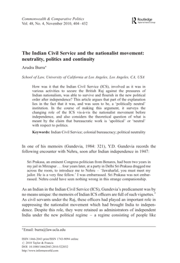 The Indian Civil Service and the Nationalist Movement: Neutrality, Politics and Continuity Arudra Burra∗