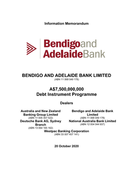BENDIGO and ADELAIDE BANK LIMITED A$7,500,000,000 Debt
