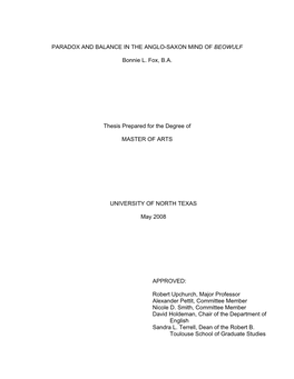 Paradox and Balance in the Anglo-Saxon Mind of Beowulf