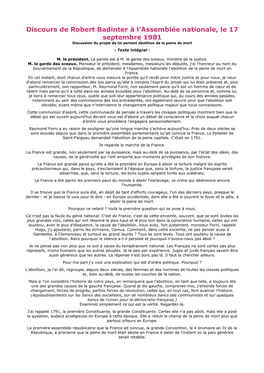 Discours De Robert Badinter À L'assemblée Nationale, Le 17 Septembre 1981 Discussion Du Projet De Loi Portant Abolition De La Peine De Mort - Texte Intégral