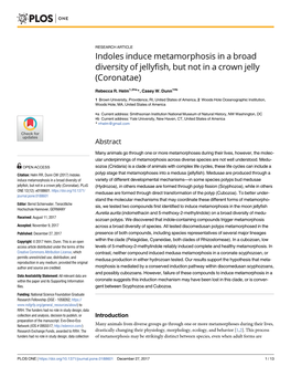 Indoles Induce Metamorphosis in a Broad Diversity of Jellyfish, but Not in a Crown Jelly (Coronatae)