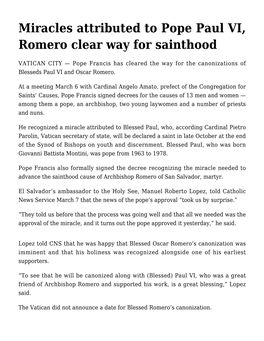 Miracles Attributed to Pope Paul VI, Romero Clear Way for Sainthood