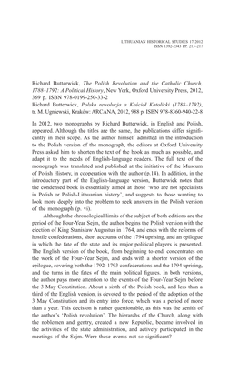Richard Butterwick, the Polish Revolution and the Catholic Church, 1788–1792: a Political History, New York, Oxford University Press, 2012, 369 P
