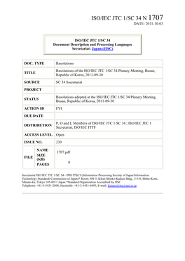 Iso/Iec Jtc 1/Sc 34 N 1707 Date: 2011-10-03