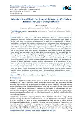 Administration of Health Services and the Control of Malaria in Zambia: the Case of Luangwa District