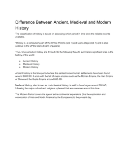 Difference Between Ancient, Medieval and Modern History