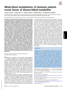 Whole-Blood Metabolomics of Dementia Patients Reveal Classes of Disease-Linked Metabolites